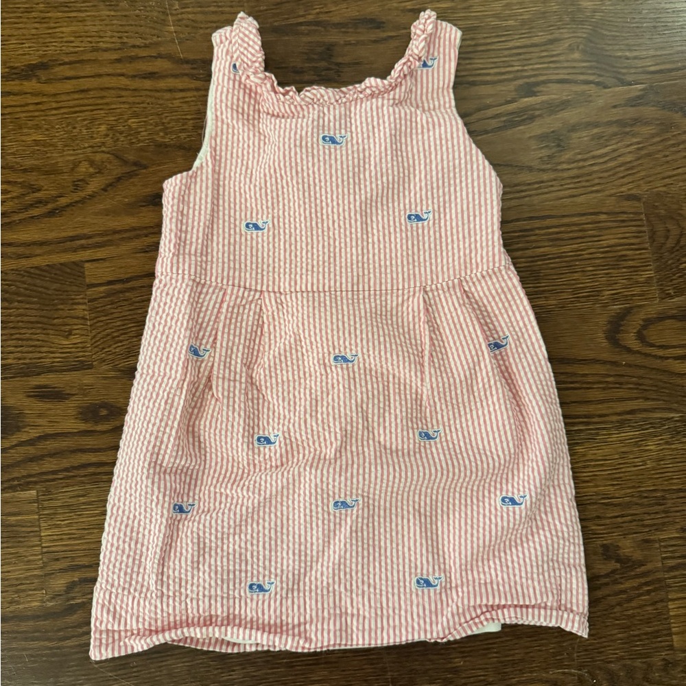Vineyard Vines Pink Striped Kids Seersucker Dress with Whale Embroidery